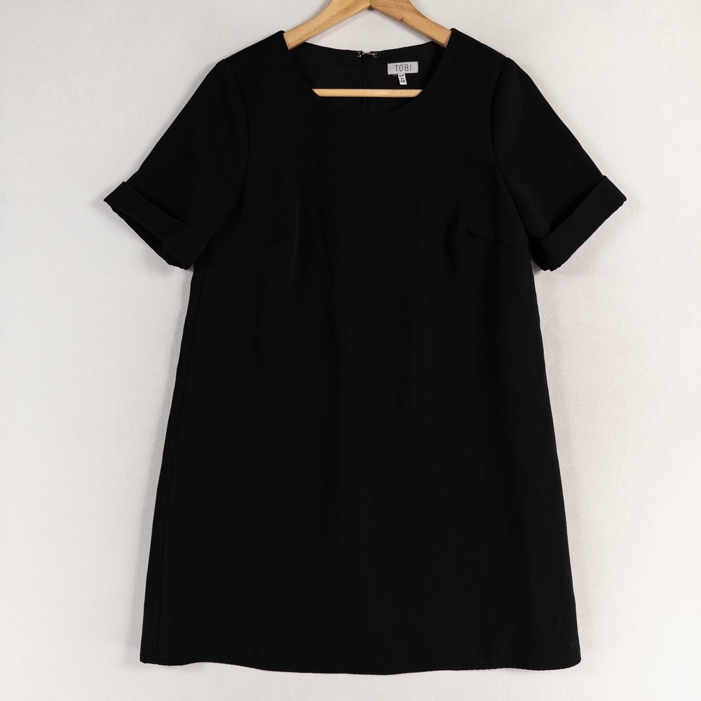 TOBI Mini Shift Dress Sz Small Black Short Cuffed Sleeve Lined Retro Minimalist